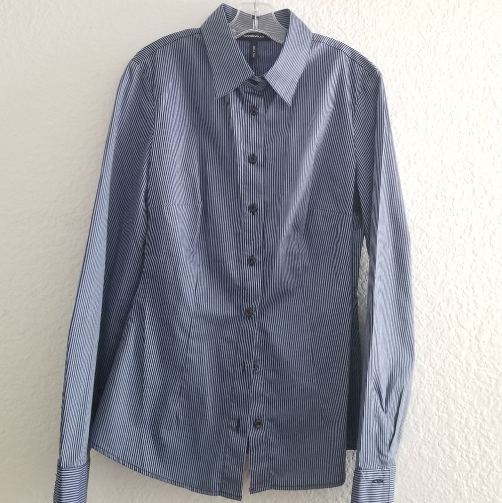 New Roccobarocco Shirt Blue Stripe Size US 6 - Picture 2 of 5